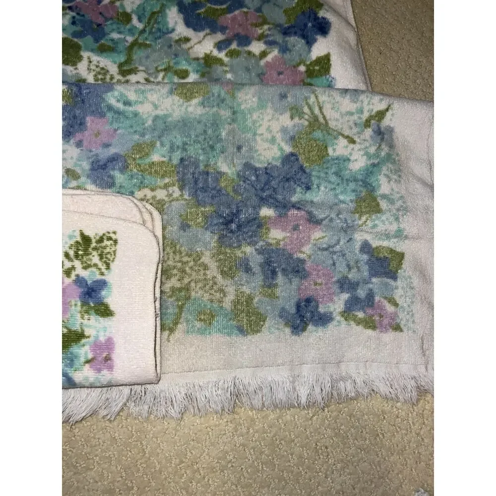 Vtg 70s Lady Pepperell Towel Set Fringed Blue Green Floral Roses Cotton 3 Pc